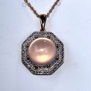 Rose Quartz Cabochon Pave Hexagonal Gemstone Necklace Rose Gold Plated Sterling